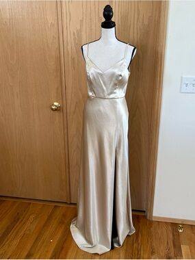 Birdy Grey Women’s Small Maxi Jay Dress Matte Satin Gold Bridesmaid V Neck